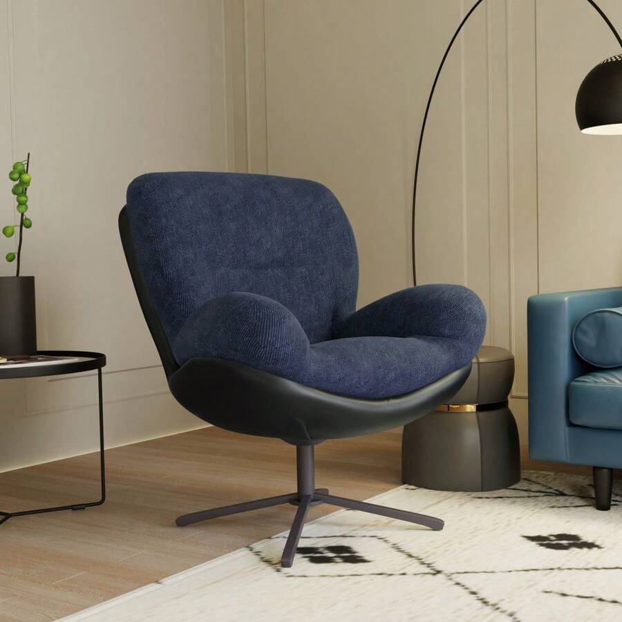 Modern Chenille Lounge Chair With 360° Swivel Function - Stylish Faux Leather Accent Chair For Small Spaces, Living Room, Bedroom, Or Office - Comfortable And Durable Design, Supports Up To 250 Lbs - 黑色+海軍藍+雪尼爾+人造皮革+泡沫 - 查看 1