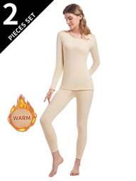 Women's Thermal Underwear Set, Round Neck Top + Pants, Tight Fitting Base Layer For Autumn And Winter