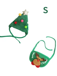 2pcs/Set Christmas Pet Hat & Bib Set, Cat Clothes & Dog Bibs For Winter, Fits 8-15 Lbs Pets