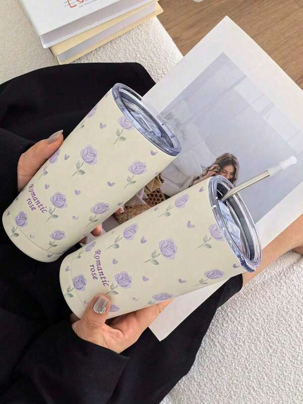 1 个 550ml 玫瑰图案双层不锈钢杯、马克杯、咖啡杯、水瓶、旅行杯、万圣节/圣诞节/生日礼物、节日礼物、学生杯（无吸管）