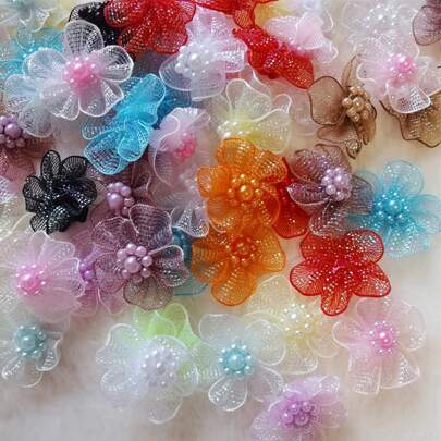 10/20/50 Pcs 30mm Flowers Satin Organza Ribbon Bows Artificial Fabric Applique DIY Sewing Craft Embellishments Accessories For Wedding Bride Gift Decoration Wrapping With Beads