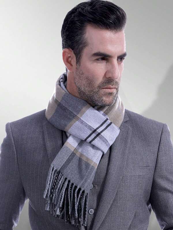 1pc Unisex Plaid Scarf, Korean Style Mid-Aged & Students Tassel Thick Warm Neck Warmer