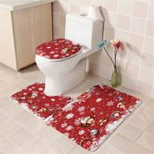 4pcs Christmas Decoration Ball, Snowflake & Red Print Shower Curtain Set, Waterproof Bathroom Divider Curtain, Non-Slip Floor Mat Carpet, Toilet U-Shaped Mat, Toilet Lid Cover, Holiday Home Bathroom Accessories Curtain Set Home Bathroom Decor Summer
