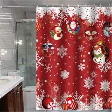 4pcs Christmas Decoration Ball, Snowflake & Red Print Shower Curtain Set, Waterproof Bathroom Divider Curtain, Non-Slip Floor Mat Carpet, Toilet U-Shaped Mat, Toilet Lid Cover, Holiday Home Bathroom Accessories Curtain Set Home Bathroom Decor Summer