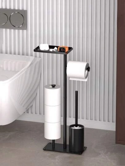 1 pezzo Semplice portarotolo di carta igienica multistrato indipendente nero con scatola di stoccaggio e spazzola per WC, portarotolo di carta igienica da terra, accessorio da bagno, adatto per Natale, decorazione, regalo, Ringraziamento, arredamento per la casa