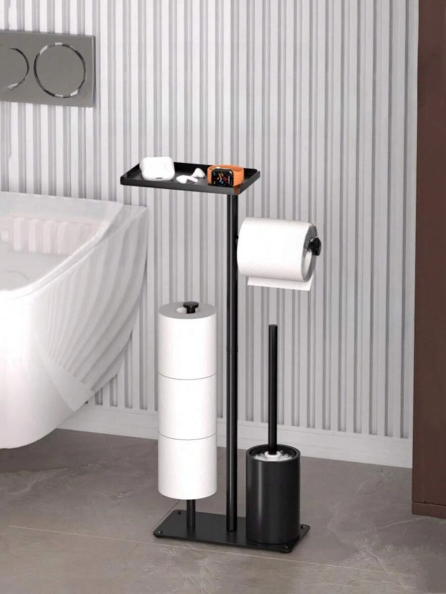 1pc Minimalist Black Multi-Layer Toilet Paper Holder With Storage Box, Floor-Standing Toilet Paper Roll Rack, Bathroom Accessory, Suitable For Christmas, Decoration, Gift, Thanksgiving, Home Decor - Black - View 1