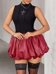 TSUTAYA Colorblock PU Leather Sleeveless Mini Bubble Hem Party Clubwear Dress - Red and Black - View 3