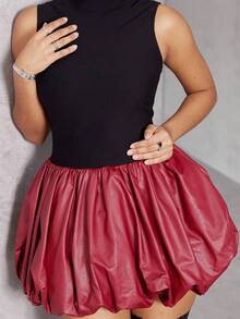 TSUTAYA Colorblock PU Leather Sleeveless Mini Bubble Hem Party Clubwear Dress - Red and Black - View 7