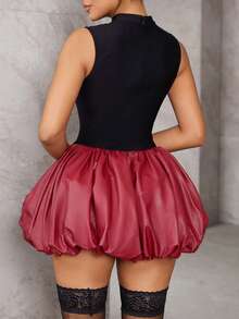 TSUTAYA Colorblock PU Leather Sleeveless Mini Bubble Hem Party Clubwear Dress - Red and Black - View 2