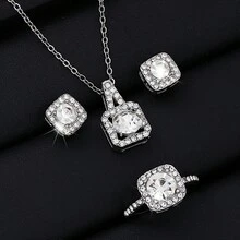 Bộ trang sức 4 món thanh lịch phong cách Hàn Quốc dành cho nữ, đá Zirconia nhân tạo & ngọc trai giả, hoa tai thời trang, vòng cổ, nhẫn cho hẹn hò, tiệc tùng, dạ hội, lễ cưới - Bạc - Xem 4