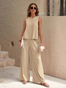 Women's Loose Set, Round Neck And Sleeveless - 米色 - 查看 4
