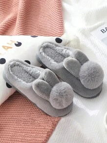 A Pair Of Cute Fur Ball Rabbit Ears Anti Slip Warm Slippers - Grey - View 3
