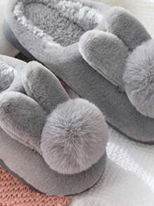 A Pair Of Cute Fur Ball Rabbit Ears Anti Slip Warm Slippers - Grey - View 4