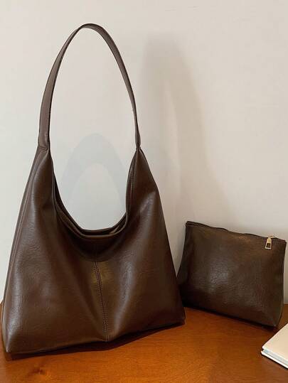 Korean Minimalist Casual PU Leather Tote Bag Set, Vintage Multi-Function Shoulder Tote Bag With Coin Purse, Suitable As Mom Bag, Large Capacity Commuter Tote Bag For Shopping, Fits School Supplies, Can Be Used As Backpack, Handbag, Tote, Suitable For Back To School Season, Waterproof, Lightweight, Portable, Business Casual Style, Suitable For Teenagers, Women, College Students, Teachers, Ideal Choice For Back To School, First Day Of School, Work, Business, Commute, Vacation