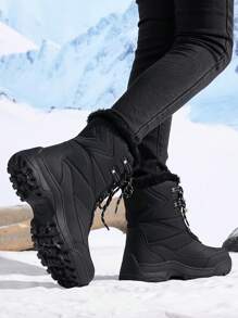 Botas de nieve de moda de invierno para mujer, botas para senderismo de media pantorrilla con cordones para exteriores, antideslizantes, con forro térmico, zapatos para caminar, color negro