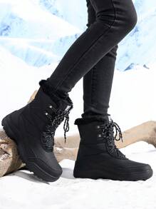 Botas de nieve de moda de invierno para mujer, botas para senderismo de media pantorrilla con cordones para exteriores, antideslizantes, con forro térmico, zapatos para caminar, color negro