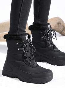 Botas de nieve de moda de invierno para mujer, botas para senderismo de media pantorrilla con cordones para exteriores, antideslizantes, con forro térmico, zapatos para caminar, color negro