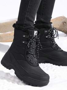 Botas de nieve de moda de invierno para mujer, botas para senderismo de media pantorrilla con cordones para exteriores, antideslizantes, con forro térmico, zapatos para caminar, color negro