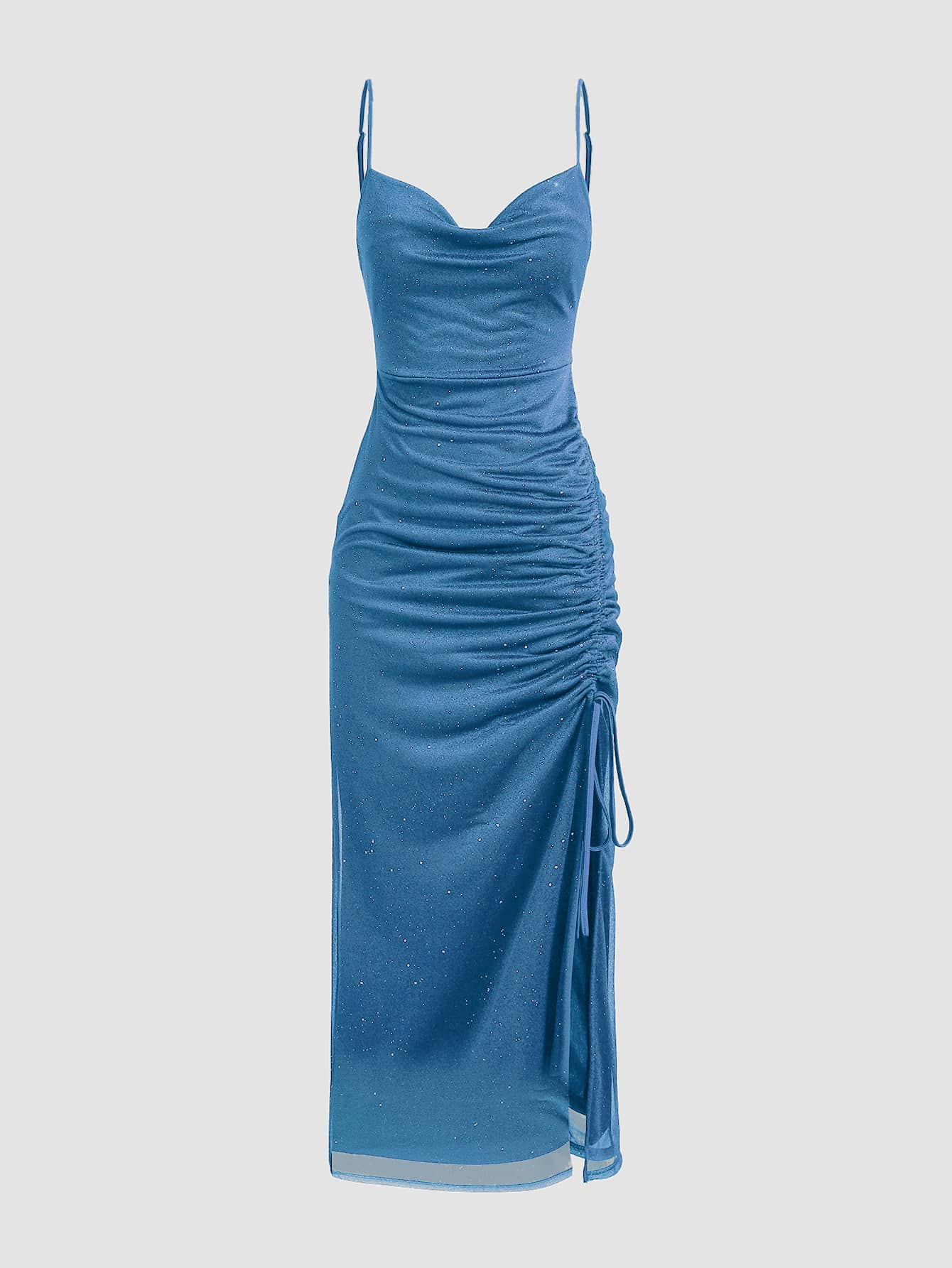 Women Solid Color Strapless Side Drawstring Split Hem Elegant Dress, Party Dress, Wedding Guest Dress - Blue - View 1