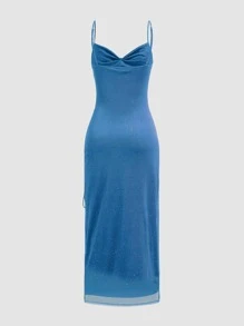 Women Solid Color Strapless Side Drawstring Split Hem Elegant Dress, Party Dress, Wedding Guest Dress - Blue - View 3