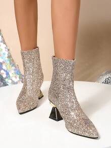 Giày bốt cao đến giữa bắp chân không đối xứng mũi nhọn đính sequin vàng thời trang mới, phong cách tối giản, sang trọng dành cho nữ, thích hợp cho đám cưới, tiệc tùng, hẹn hò - Vàng - Xem 4