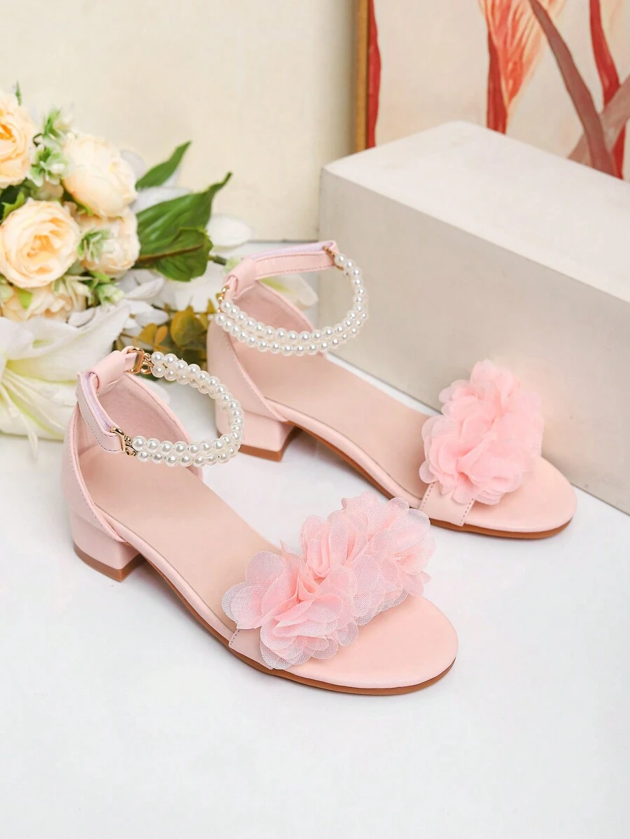 1 Pair New Arrival Summer Fashion Roman Pearls Decor High Heels Sandals, Girls High Heel Dance Shoes, Student Performance & Casual Occasion Sandals, Wedding Shoes