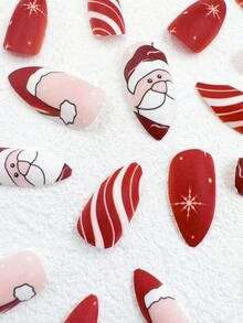 24件圣诞系列卡通麋鹿圣诞节节日装磨砂杏仁美甲指甲+1片果冻胶+1个锉刀指甲套装，适合圣诞礼服按压式指甲美甲用品指甲 - 彩色 - 查看 4