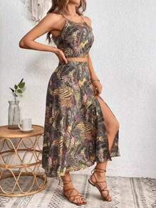 Women's Printed Midi Skirt Set With Halter Neckline - 駝色 - 查看 2