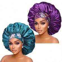 Awegeo Women Solid Color Wide Brim Elastic Satin Bonnet Soft Comfortable Breathable Everyday Hair Care Sleep Bonnet - Hot Pink - View 10