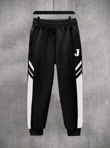 Tween Boy 1pc Leisure Simple Splicing Fleece Contrast Color Letter Print Cuff Jogging Trousers