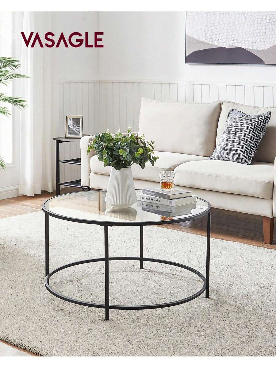 VASAGLE Round Coffee Table For Living Room, Glass Coffee Table With Metal Frame, Modern Coffee Table, Black