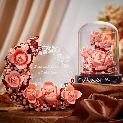 Handmade Decorative Wooden Puzzle Figurine, Realistic Preserved Flower - Romantic Blooming, Moonlit Flowers & Butterflies