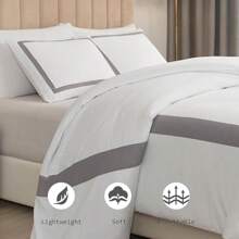 Hotel Duvet Cover Set 3Pcs Microfiber Simple Line Style Bedding Set Ultra Soft Quilt Cover Set With Pillowcases, Navy, Double - Grey - View 2