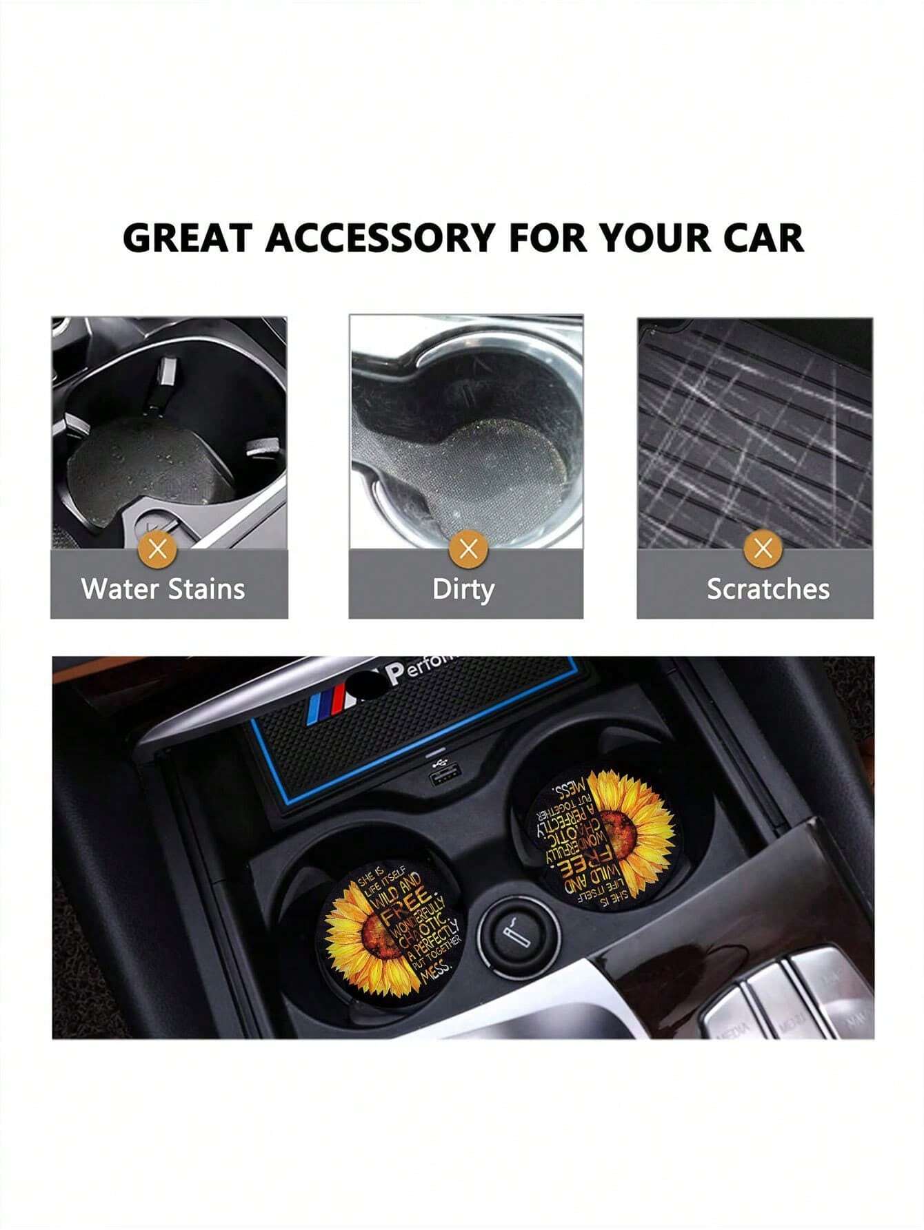 2pcs/Set Car Cup Holders, 1pc With Sunflower Pattern Print, 1pc With