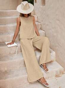 Women's Loose Set, Round Neck And Sleeveless - 米色 - 查看 1