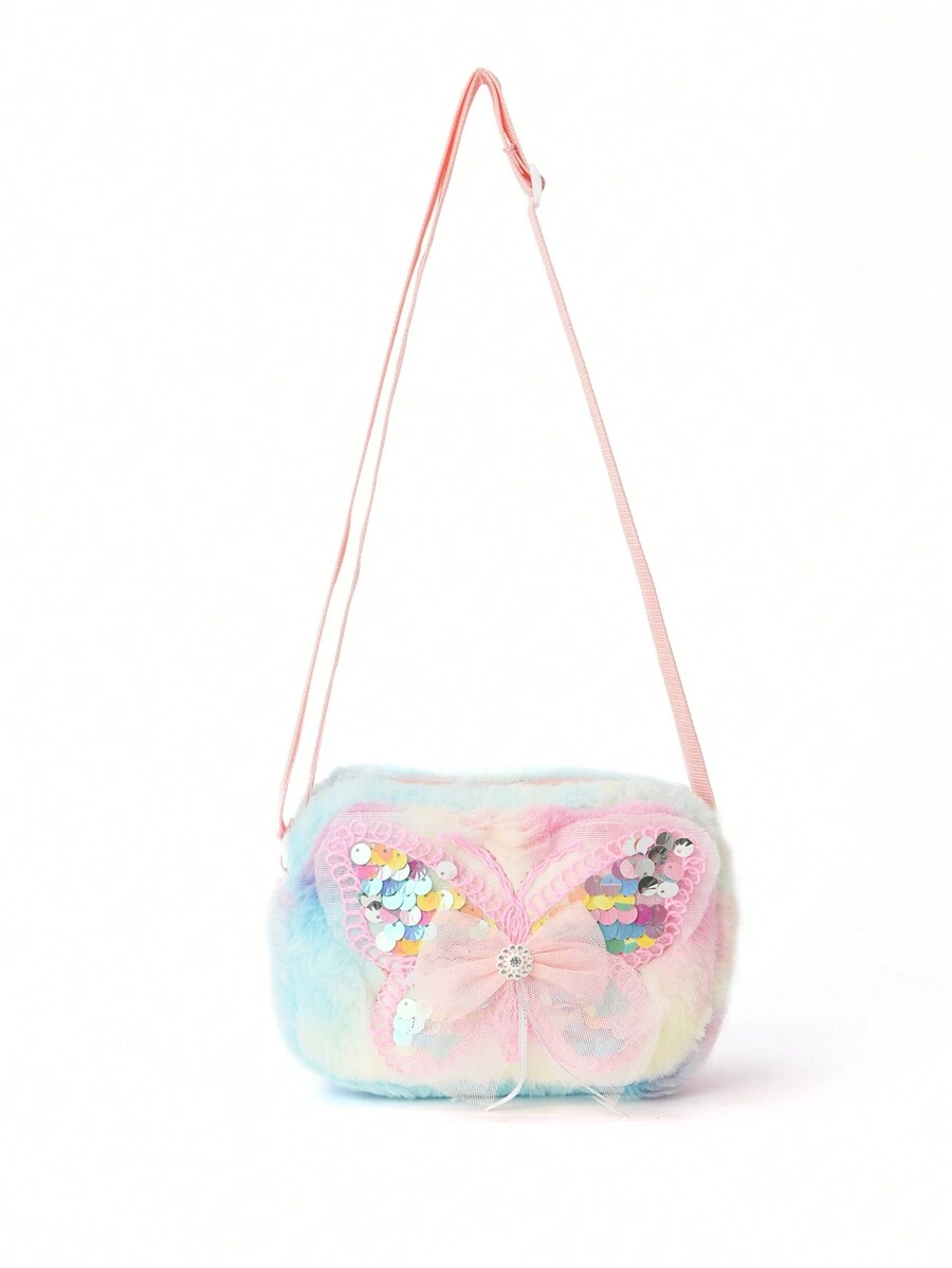 1 件儿童秋冬斜挎包单肩包可爱蝴蝶单肩包适合小童日常通勤上学学院出国旅行郊游书籍儿童人造毛包 - 彩色 - 查看 1