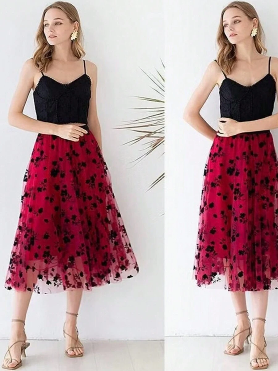 Women Fashion Adult Tulle Skirt Long Floor Length Party Skirt With Flowers - Đỏ - Xem 1
