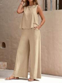 Women's Loose Set, Round Neck And Sleeveless - 米色 - 查看 3
