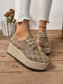 Women's Wedge Platform Canvas Sneakers, Brown Fabric Letter Print Lace-Up Jute Sole Thick Bottom Casual Shoe, Fashion New Style, Waterproof Platform, Increased Height, Suitable For Spring Festival, Everyday Wear, All Seasons