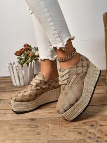 Women's Wedge Platform Canvas Sneakers, Brown Fabric Letter Print Lace-Up Jute Sole Thick Bottom Casual Shoe, Fashion New Style, Waterproof Platform, Increased Height, Suitable For Spring Festival, Everyday Wear, All Seasons