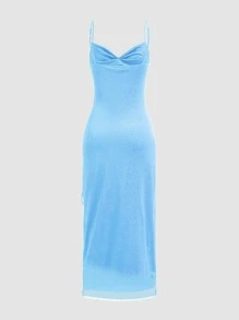 Women Glitter Drawstring Side Slit Ruffle Draped Neck Maxi Slip Dress Party Dress Wedding Guest Dress - Baby Blue - View 3