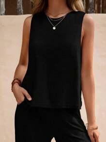 Women's Round Neck Sleeveless Loose Casual Cotton Work Suit Set - 黑色 - 查看 3