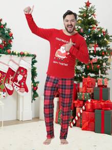 2 peças/Conjunto Pijamas Combinando para Família de Natal Masculina, Parte de Cima de Manga Longa e Calça em Estampa Xadrez Adorável de Cervo, Roupa de Estar em Casa Aconchegante para a Família