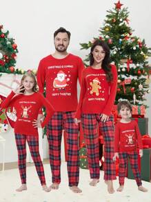 2 peças/Conjunto Pijamas Combinando para Família de Natal Masculina, Parte de Cima de Manga Longa e Calça em Estampa Xadrez Adorável de Cervo, Roupa de Estar em Casa Aconchegante para a Família