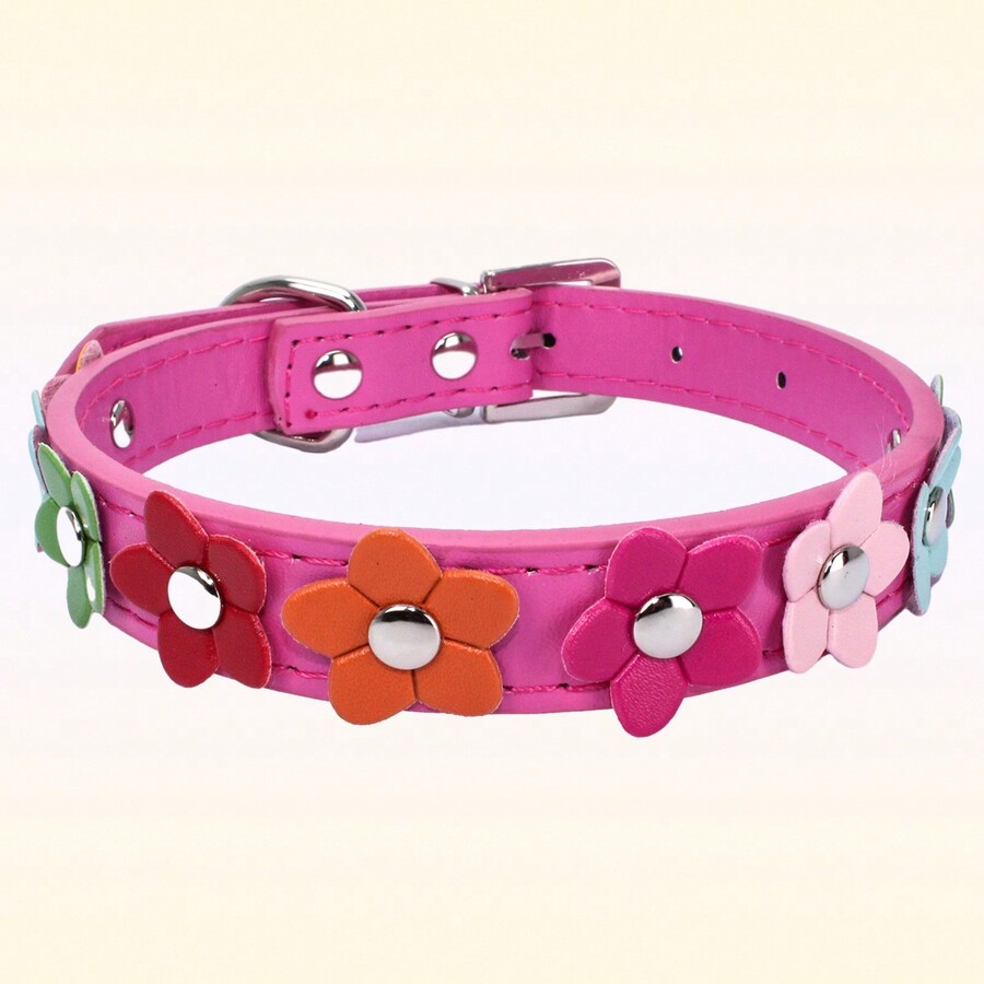 1pc PU Leather Flower Decoration Pet Dog Collar,Adjustable And Durable