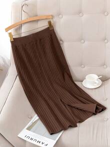 Basic Autumn Winter Rib Women Knit Skirt - Coffee Brown - View 2