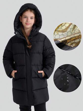 Tween Girls Padded Coat With Chin Zipper Protection, Two Side Pockets, Heat Reflective Lining For Warmth, Non-Detachable Hood, Stand Collar Design To Protect Neck From Cold