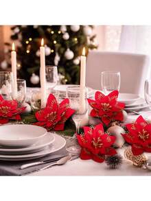 1/10/20 件闪光一品红花（带夹子）圣诞装饰，闪亮一品红圣诞饰品，圣诞树花装饰，DIY 圣诞花环，节日派对装饰 - 紅金 - 查看 5