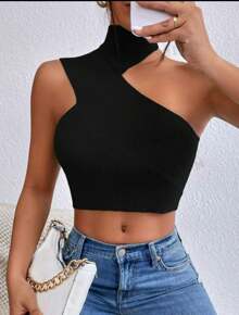 Women's Asymmetrical Crop Top With Exposed Shoulders - màu đen - Xem 2