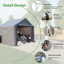 Portable Outdoor Storage Shelter Shed, Heavy Duty Storage Garage Shed With Roll-Up Doors Shelter For Garden Tool, Lawn Mower, Motorcycleand, Bike - Gray - 灰色 - 查看 7